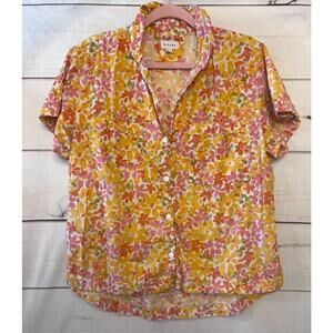 Piyama Top Size Medium Floral Button Up Vibrant Pink Yellow Orange Casual